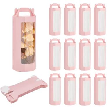 Imagem de PH PandaHall 10 caixas de presente de papel com janela transparente, 8,5 x 24,4 x 3,3 cm octogonal kraft caixa de embalagem com alça caixa de presente rosa caixa de embrulho para flor cupcake padaria