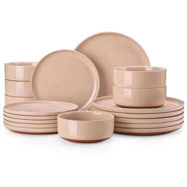 Imagem de MALACASA Conjunto de pratos e tigelas, conjunto de 18 peças de louça de cerâmica moderno para 6 conjuntos de jantar de cozinha, conjunto de pratos de grés, louça, seguro para micro-ondas e