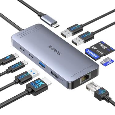 Imagem de Hub USB C Ethernet, adaptador USB-C para Ethernet 9 em 1, dongle com HDMI 4K a 60Hz, carregamento PD de 100 W, Gigabit RJ45, leitor de cartão SD/TF, USB A&C 3.0, base USBC para MacBook, Dell, Lenovo