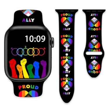 Imagem de Pulseiras de silicone Proud Ally LGBT Heart Rainbow Gay Pride Month compatíveis com Apple Watch séries SE 8, 7, 6, 5, 4, 3, 2 e 1 de 42 mm, 44 mm, 45 mm, 49 mm