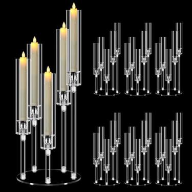 Imagem de Conjunto de 6 castiçais de acrílico com 5 braços, Mjkeomo de 55 cm de altura para candelabros para mesas, suporte de castiçal transparente com abajur para presente de inauguração de casa, lareira