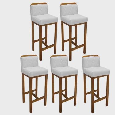 Imagem de Kit 05 Banqueta Alta Com Encosto Simon Cozinha Balcão Bistrô Base Madeira Castanho Tecido Sintético Branco - Ahz Móveis