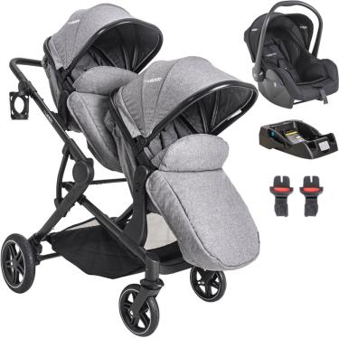Imagem de Carrinho de Bebe para Gemeos Kiddo com Bebe Conforto Base Pair Cinza