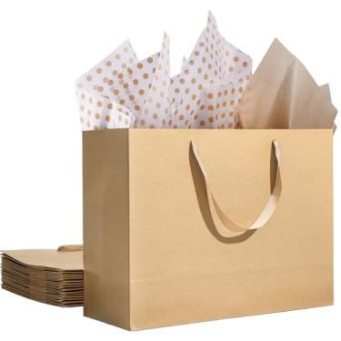 Imagem de Sacos de presente marrom extra grandes de 39,9 cm com papel de seda e alças de fita para compras, pequenas empresas, festa de aniversário, chá de bebê, festa de noiva, casamento, Natal e feriado (pacote com 12)