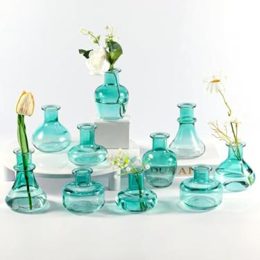 Imagem de Vaso de vidro gradiente azul, 10 peças/conjunto de mini vasos de flores pequenos decorativos modernos, decoração de casa estética minimalista, centros de mesa de casamento vintage para flor única rosa