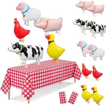 Imagem de VioraWhite 12 peças de artigos de festa com tema de fazenda, inclui balões de animais andando, toalha de mesa xadrez branca e vermelha, galinha, gado, criação, porco, pato, ovelha, balões infláveis