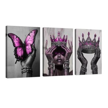 Imagem de DOARTDO Arte de parede em tela afro-americana 3 peças rosa moda preta impressão de arte fotos de mulher negra com coroa pintura rainha africana decoração de casa emoldurada (30 x 40 x 3 peças)