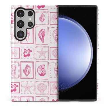 Imagem de ZHEGAILIAN Capa compatível com Samsung Galaxy S24 Ultra, capa rígida híbrida de 2 camadas para meninas, meninos, mulheres, homens, carimbos de cereja e concha rosa