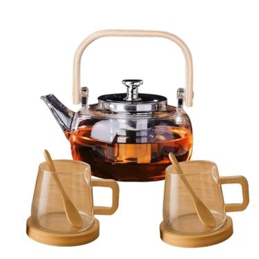 Imagem de Jogo de Chaleira em Vidro Borossilicato 1Litro com 2 Xícaras de Vidro com Alça de Bambu, Colher e Pires, Decorativo de Cozinha, Kit de Café e Cha Luxo Bule de Vidro