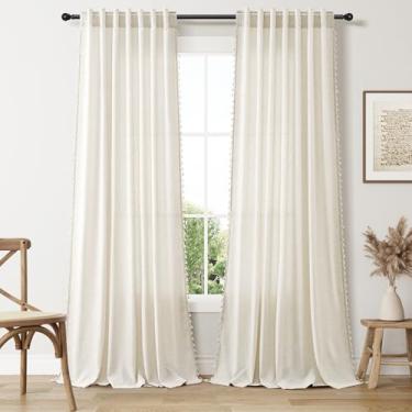 Imagem de Cortinas de linho Boho 2 painéis de 92 polegadas de comprimento para sala de estar, quarto, filtro de luz creme, cortinas de casa de fazenda, bolso traseiro, semitransparente, vintage, com borlas