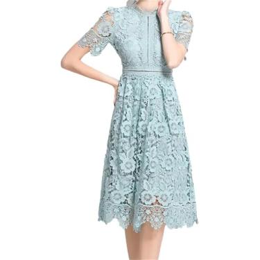 Imagem de Mulheres Renda Vestido Estampado Oco Gola Redonda Manga Curta Casual Festa Linha A Vestidos Midi, 6, XL