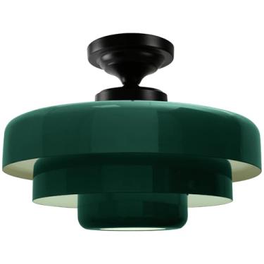Imagem de Qepeety Luminária de teto vintage 1 luz verde meados do século luminária de montagem embutida casa de fazenda 3 camadas 33,8 polegadas sombra preta metal cúpula luz de teto para hall de entrada, sala