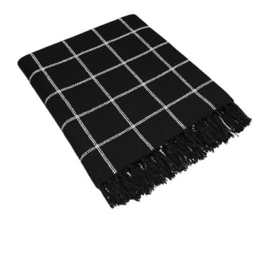 Imagem de Manta Artesanal para Sofá Grande 2,40x1,80m – Algodão Natural com Franja | Decorativa e Confortável(Preto xadrez)