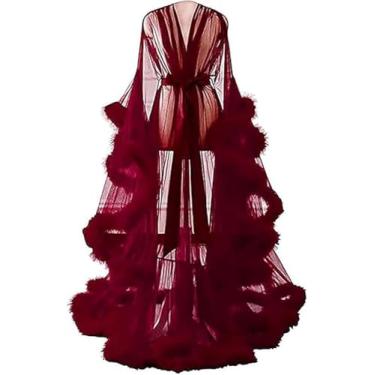 Imagem de Mulheres Sexy Lllusion Longo Lingerie Robe Camisola Feather Robe Fur Trim Robe Camisola Roupão De Banho Sleepwear Feather Nupcial Robe Vestido De Noiva, I, One Size