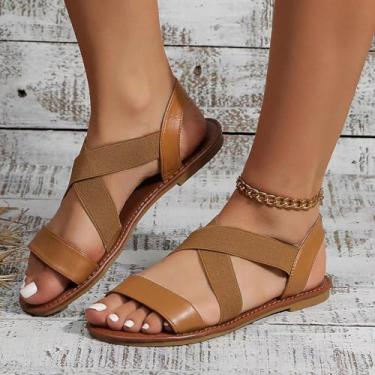 Imagem de Sandália feminina elástica com tira no tornozelo para o verão, elegante, bico aberto, linda sandália gladiadora com tiras, Marrom, 39