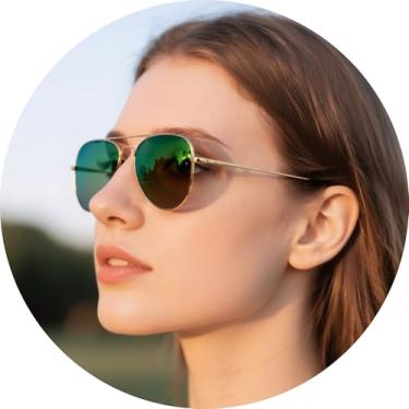 Imagem de Óculos de sol aviador com armação de metal unissex piloto clássico leve vintage retrô viagem dirigir praia óculos, Armação dourada, lente verde