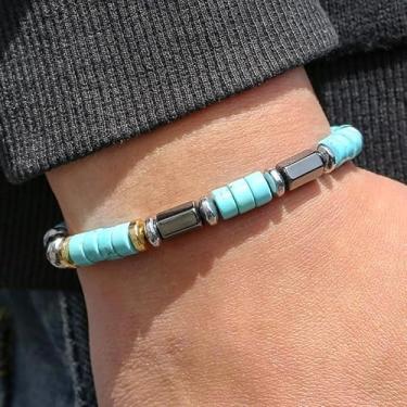 Imagem de Pulseira masculina com contas turquesa e hematita feita à mão estilo étnico exclusivo joia artesanal minimalista ajustável com detalhes prateados pulseira para festa