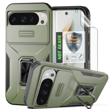 Imagem de Capa para Pixel 9 Pro XL, com capa de lente de câmera deslizante, protetor de tela HD, suporte de anel giratório de 360°, capa protetora à prova de choque de grau militar AYMECL para Google Pixel 9