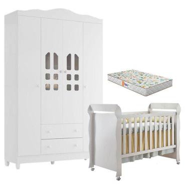 Imagem de Berço Americano Mirelle E Guarda Roupa New Selena 4 Portas Branco Brilho Colchão Móveis