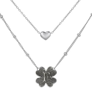 Imagem de MANZHEN Colar feminino com coração e trevo em camadas, inicial A-Z, design decorativo de elos de corrente, joias antigas, 18 Inches, Metal, Sem Pedra Preciosa