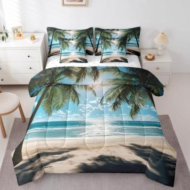 Imagem de jejeloiu Conjunto de edredom com tema de praia, tamanho king, 7 peças, verão, mar, oceano, folha de palmeira, para meninos, meninas, onda, litoral, cenário natural, para decoração de quarto
