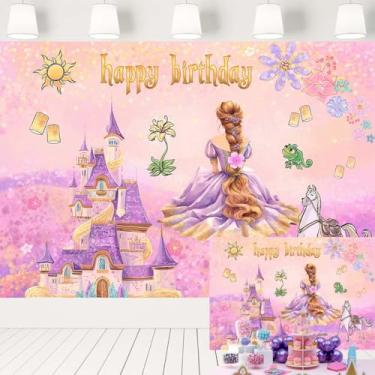 Imagem de Pano de fundo de aniversário de princesa de cabelo longo, aquarela rosa e roxo, decoração de festa de castelo de conto de fadas, faixa 2,1 x 1,5 m 12