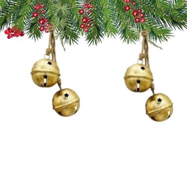 Imagem de Sinos de pendurar de Natal feitos à mão com acabamento de latão para sinos de porta com corda de juta – Sinos decorativos rústicos chiques chiques, sinos ghungru de metal vintage, conjunto de 2 para