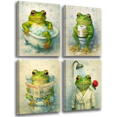 Imagem de Frimeeme Conjunto de 4 arte de parede em tela de sapo emoldurado, pôster de decoração de banheiro sapo para banheiro banheiro decoração de banheiro - 4 peças (20 x 25 cm