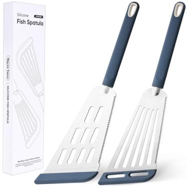 Imagem de Conjunto de espátulas de silicone para peixe, espátulas de peixe com fenda de silicone resistente ao calor para panelas antiaderentes, espátula de espátula de peixe com fenda de aço inoxidável fino