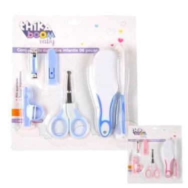 Imagem de Kit Cuidados e Higiene Para Bebês, 6 Peças, Azul e Rosa Sortido, com Tesoura, Cortador de Unhas, Escova e Pente