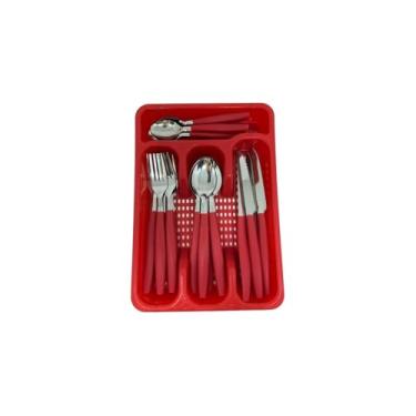 Imagem de Conjunto de Talheres em Aço Inox Vermelho, 25 Peças, com Porta Talher, Cabos em Polipropileno, 6 Garfos, 6 Facas, 6 Colheres de Mesa, 6 Colheres de Chá