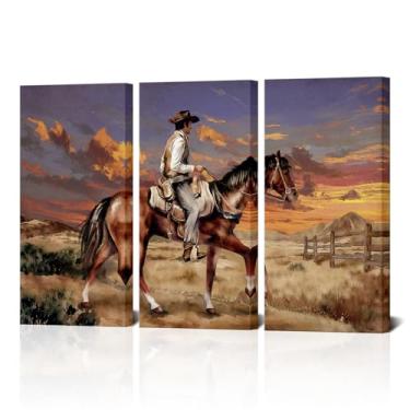 Imagem de SkenoArt Arte de parede de equitação a cavalo cowboy ocidental a cavalo imagem decoração de parede para sala de estar quarto emoldurado pronto para pendurar 40,6 cm x 81 cm x 3 peças