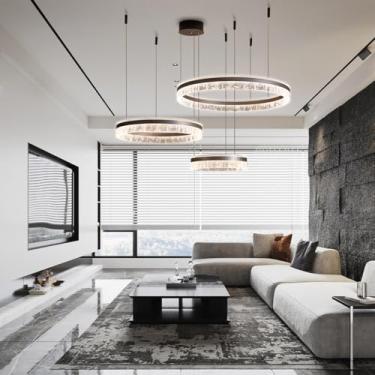 Imagem de Lustre LED para sala de estar, luminária pendente grande e moderna, dimerizável com controle remoto, luminária de teto criativa para mesa de jantar, luminária redonda de alumínio marrom com