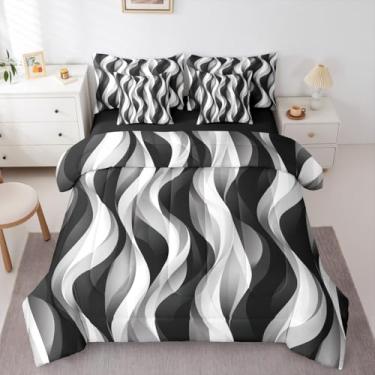 Imagem de Conjunto de edredom Queen listrado cinza e branco moderno para adultos, mulheres e homens, cama cinza e branca em uma bolsa, graffiti, linhas estéticas, conjunto de cama minimalista, moderno, conjunto