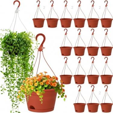 Imagem de Roshtia 20 cestos pendurados de 25,4 cm para plantas, grandes vasos de plástico pendurados com bandejas de drenagem, vasos autoirrigáveis para plantas internas ao ar livre, flores, jardim, decoração