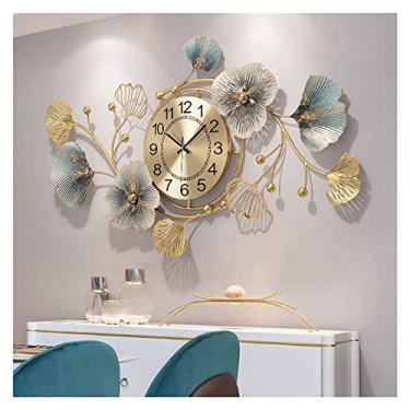 Imagem de WHLBD Relógio de parede leve e luxuoso, folha de ginkgo, relógio de parede grande, mudo, moderno, algarismos arábicos, material de metal, decorações de escritório em casa