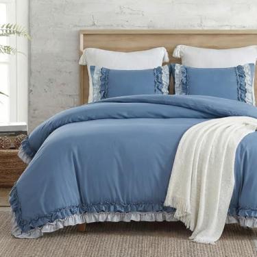 Imagem de Conjunto de capa de edredom com babados azuis, chique, boêmio, King, elegante, renda, franja, babados, super macio, leve, todas as estações, capa de edredom com fronhas