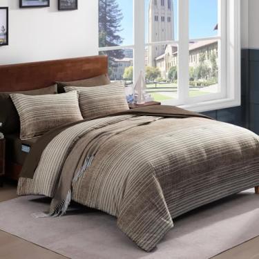 Imagem de AMBERSPACE Conjunto de edredom xadrez, tamanho casal, marrom chocolate, 7 peças, para meninos, meninas, adolescentes, cama leve em uma bolsa para dormitório, com lençóis, fronhas e fronhas