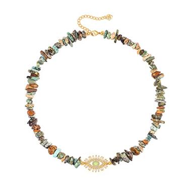 Imagem de Gargantilha de fluorita de cores mistas naturais de ouro 18 k CZ cravejada com pingente de olho turco para mulheres meninas colar de couro de pérola cultivada em água doce boho joias de camadas de praia, Metal, Zircônia cúbica