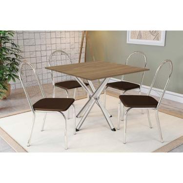 Imagem de Conjunto: Mesa Sala Jantar Volga C- Tampo De Madeira 90cm E 4 Cadeiras Noruega Cromado-nogueira - Marrom - Kappesberg