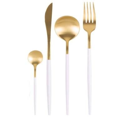 Imagem de Jogo de Talheres Dourado Com Branco em Inox 4 Peças Luxo - Hauskraft