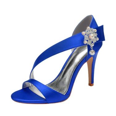 Imagem de Sandálias femininas de salto pérola com faixa oblíqua de cetim prata casamento vestido de noiva vestido de festa noite sapatos 10,5 cm sapatos de alça no tornozelo trabalho, Azul, 9