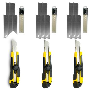 Imagem de Kit 3 Estilete Profissional 18mm Cabo Emborrachado Com Trava Giratória + 15 Lâmina de Reposição