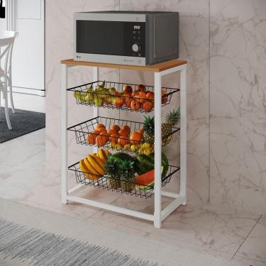 Imagem de Fruteira Com Suporte Para Micro-Ondas Barcelona Aço Branco Cesto Preto Tampo Canela Cor...