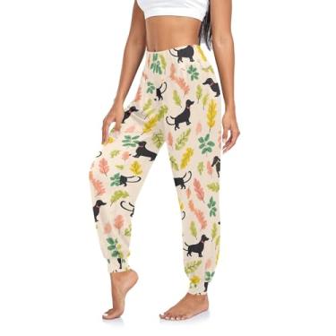 Imagem de CHIFIGNO Calça de ioga feminina Mardi Gras calça hippie folgada cintura alta harém calça de ioga, Cão Dachshund com folhas, M