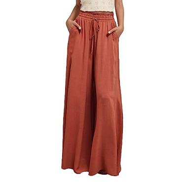 Imagem de Calça feminina plus size cintura alta calça de moletom de linho de verão perna larga calças de praia folgadas, Vermelho, XXG