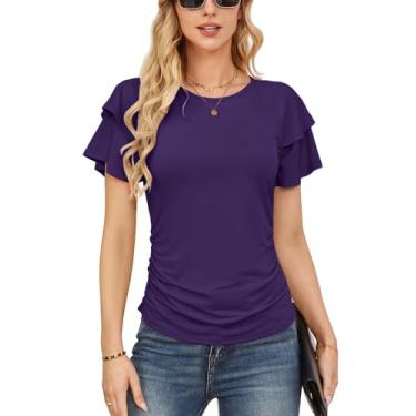 Imagem de GRACE KARIN Camisetas femininas básicas de verão 2024 manga com babados elegantes blusas casuais de trabalho franzidas, Roxo escuro, G