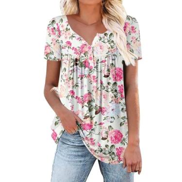 Imagem de Camiseta feminina de verão, estampa floral, manga curta, gola V, botão, plissada, folgada, túnica, Bege, G