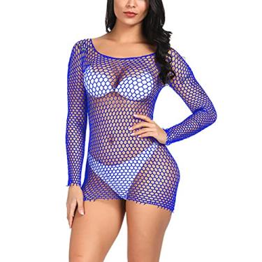 Imagem de Lingerie feminina sexy sem virilha lingerie arrastão malha sem costura camisola vazada Lencería transparente, Azul, One Size