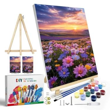 Imagem de JOOZ Kit de pintura de flores por números para adultos com moldura, pintura de montanha do pôr do sol por número com cavalete, kits de pintura para adultos DIY por números em tela paisagem para